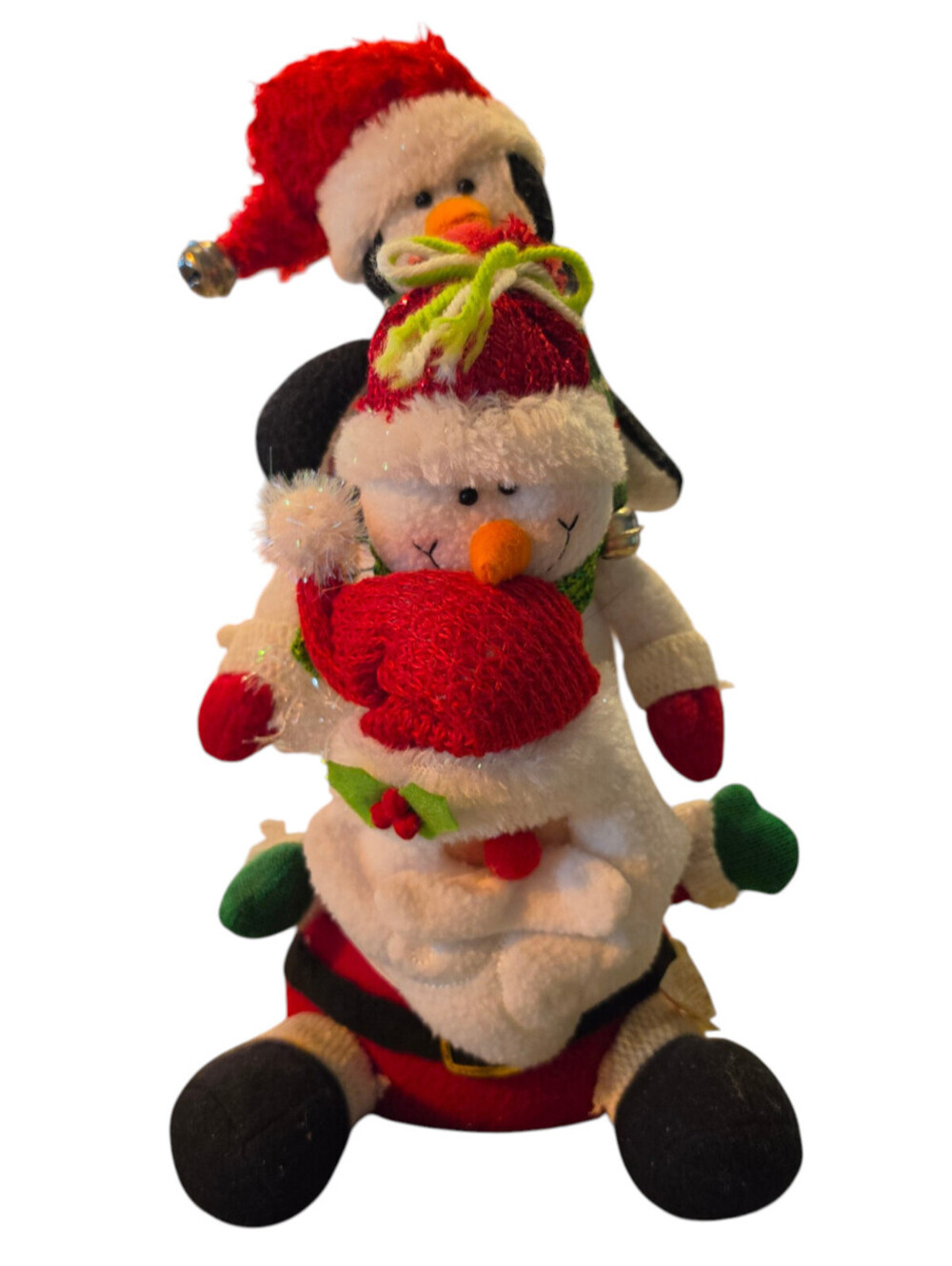 Vintage Christmas Plush Stacked Stuffed Animals Santa Snowman Penguin